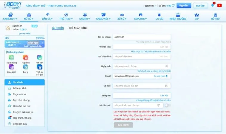 Cần điền đầy đủ thông tin tài khoản trước khi thực hiện rút tiền 8DAY